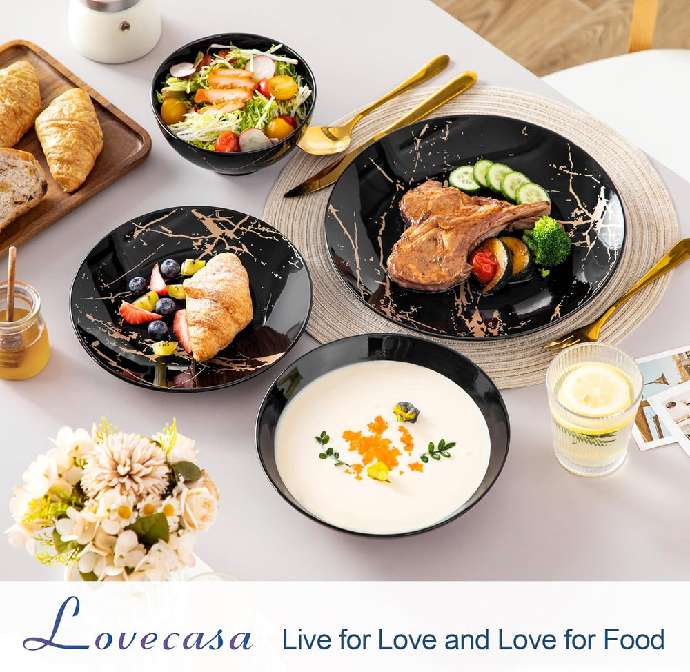 LOVECASA Service de Table 6 Personnes - Collection Daphne en Grès - 24 Pièces (Assiettes Plates, Dessert, Bols Céréales, Pâtes) Design Noir & Doré