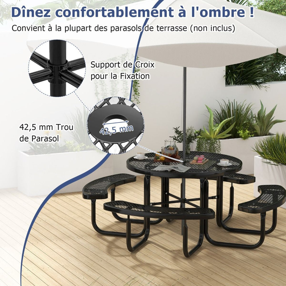 Table de Pique-Nique Ronde avec 4 Bancs Intégrés pour 8 Personnes Table de Camping en Métal avec Sièges et Trou pour Parasol 202x75cm Noir -
