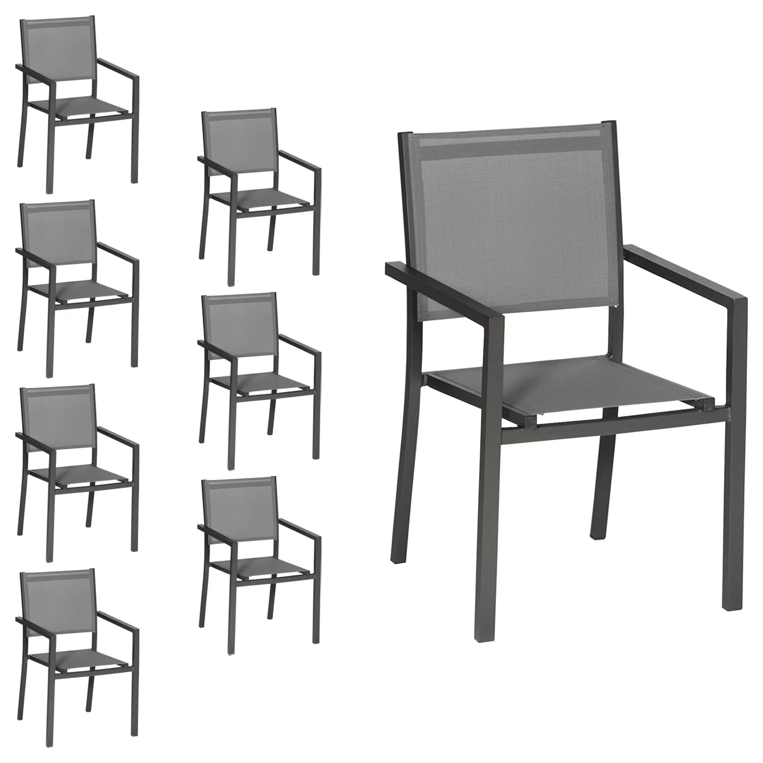 Lot de 8 chaises en aluminium anthracite - textilène gris -