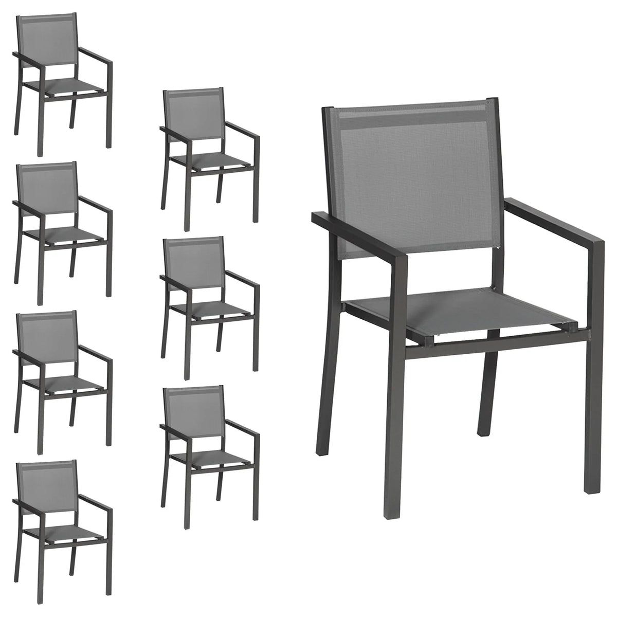 Lot de 8 chaises en aluminium anthracite - textilène gris -