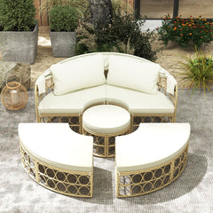 Lit de Repos Rond pour Patio avec Auvent Rtractable Ensemble de Sige Sectionnels Spars en Rotin PE avec Coussins Doux Blanc -