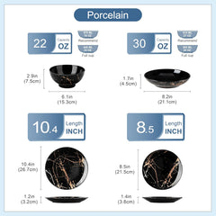 LOVECASA Service de Table 6 Personnes - Collection Daphne en Grès - 24 Pièces (Assiettes Plates, Dessert, Bols Céréales, Pâtes) Design Noir & Doré