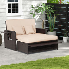 Salon de Jardin Extérieur Ajustable à Lit,2 Place avec Stockage Caché,Dossier Réglable à 4 Niveaux en Rotin PE -
