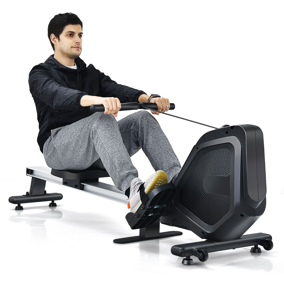 Rameur Magnétique Résistanceà 8 Niveaux Pliable 2 Roues Flexibles Rail Coulissant en Aluminium Ecran LCD Support d'Appareil -