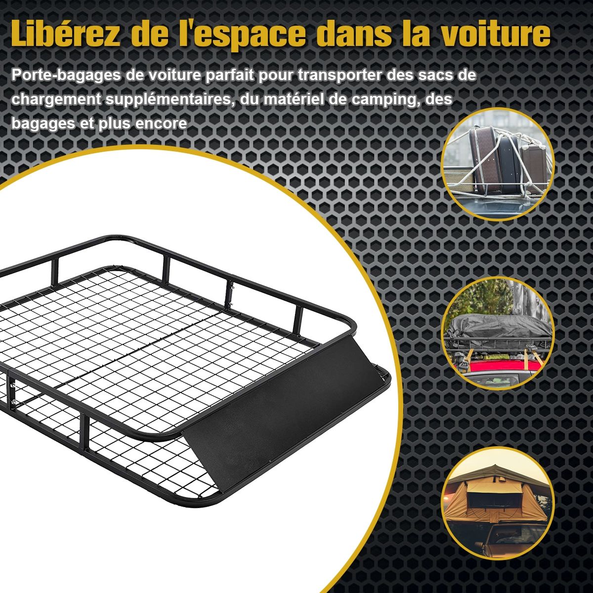 Porte-Bagages de Toit pour Voiture en Métal 122,5x102CM avec Déflecteur d’Air Capacité 75 KG Noir Accessoires Automobiles -