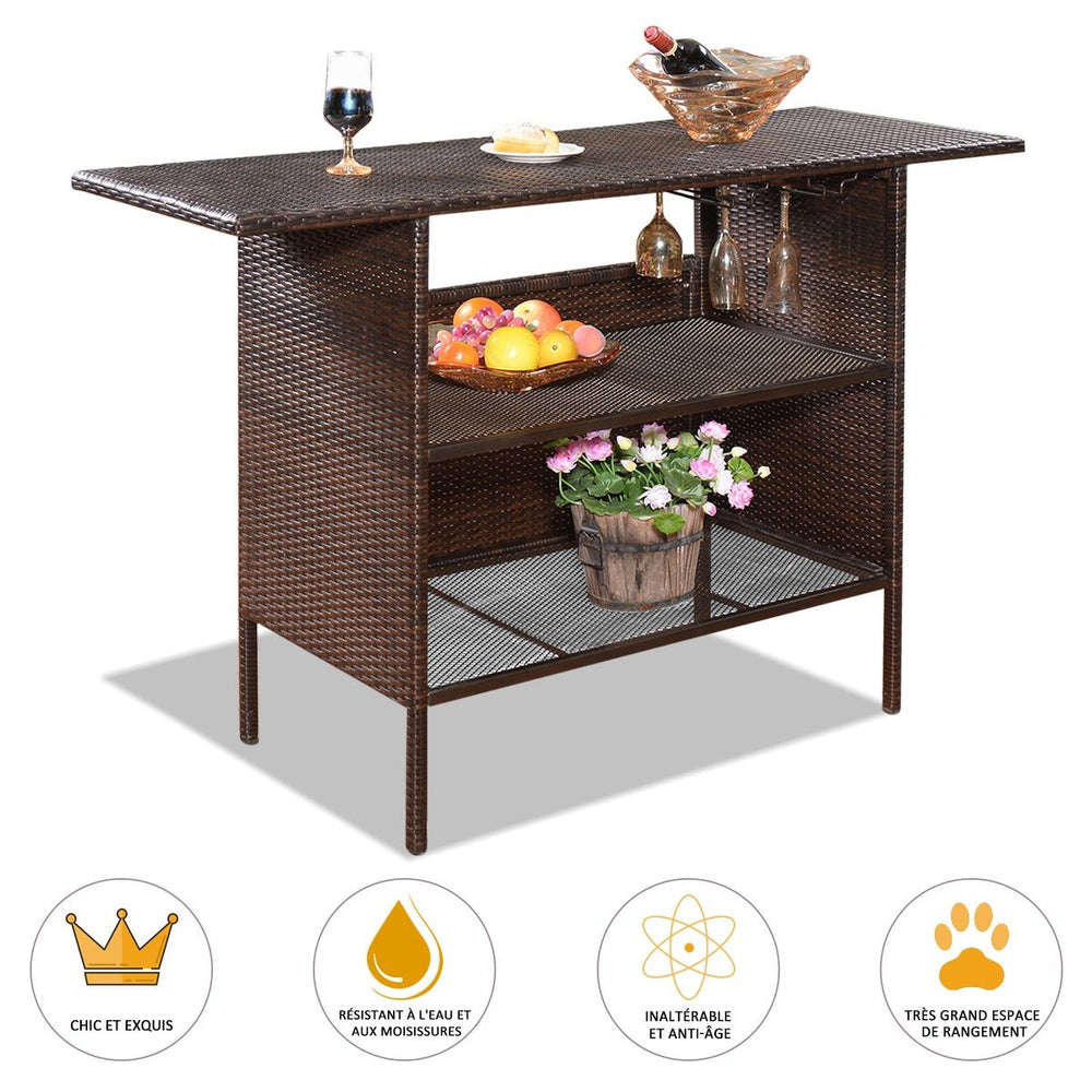 Table de Bar de Jardin en Rsine Tresse avec 2 Etagres de Rangement 2 de Rails pour Porte-Verres Marron -