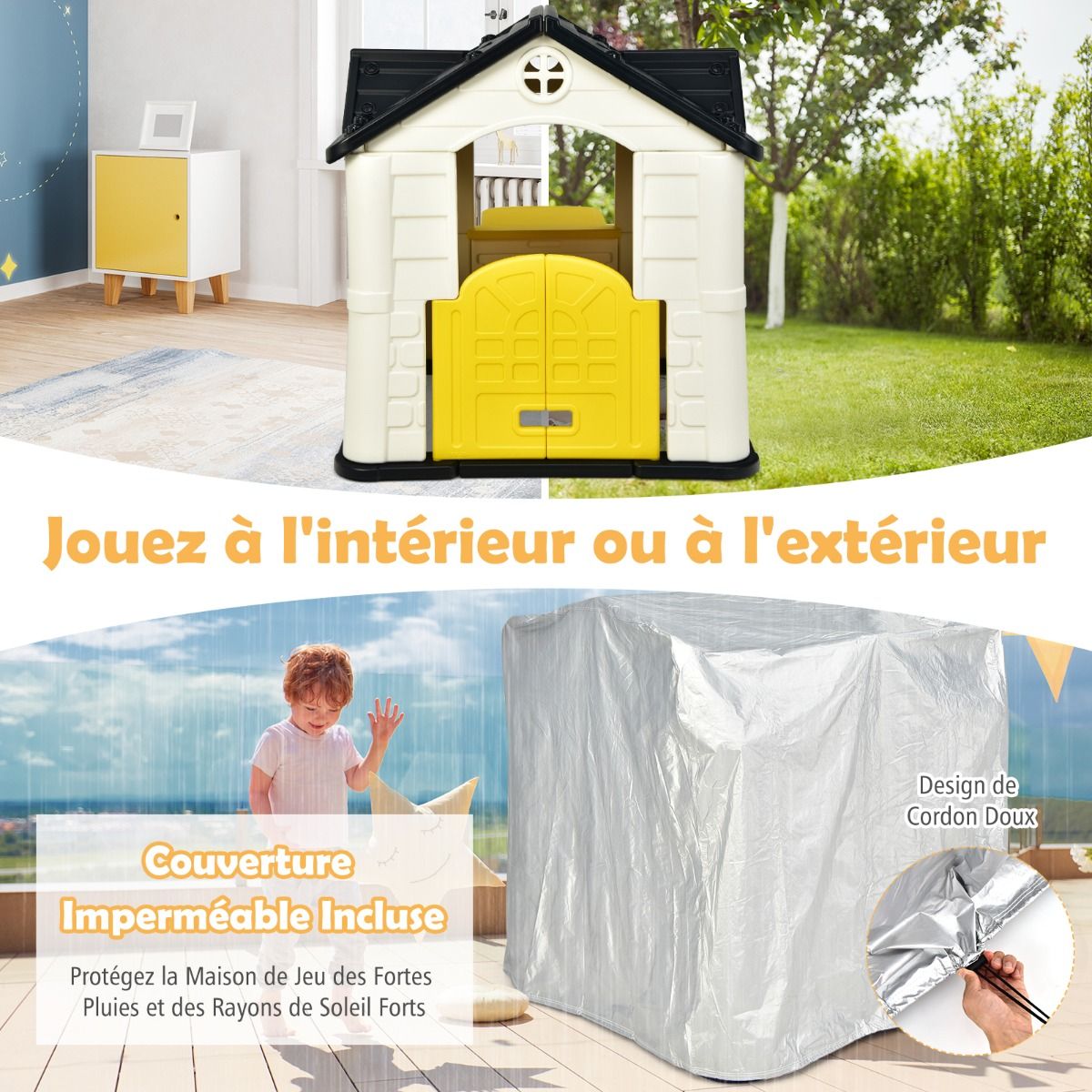 Maison Chef House -Thme Burger Bar - Table de Pique Nique Cabane de Jardin Anti-UV en Plastique 164x124x132 cm Bleu/Rose/Jaune -