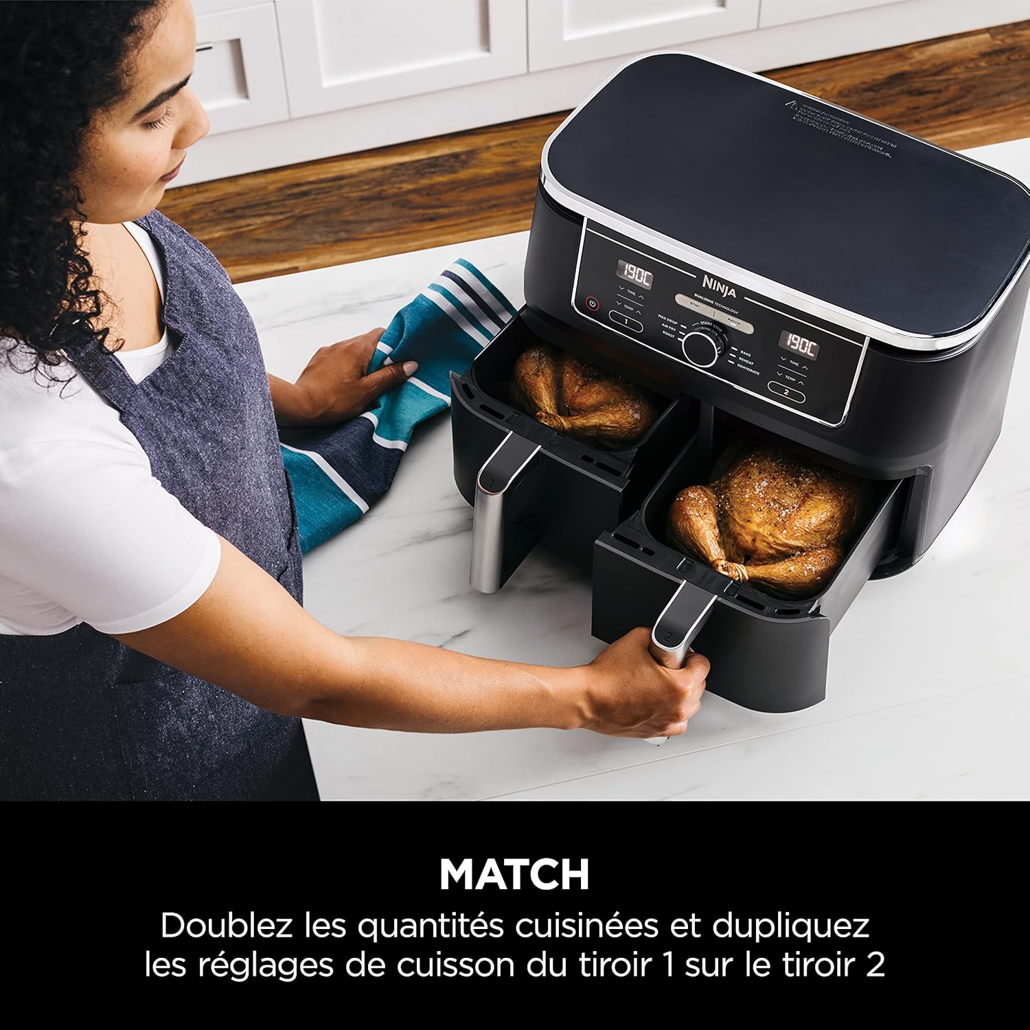 Foodi FlexDrawer Air Fryer,Dual Zone Avec Sparateur Amovible,Grand Tiroir de 10,4 L,7-en-1,Double Zone,Sans Huile,Pices Antiadhsives Compatibles Au Lave-Vaisselle,Noir AF500EU
