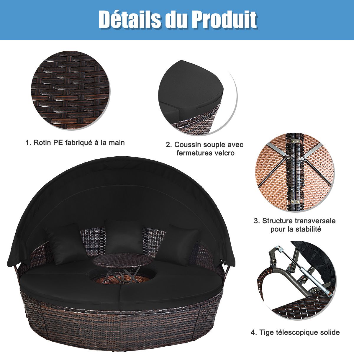 Lit de Jardin Rond d'Exterieur Table Relevable Modulable & Convertible - Pare Soleil Réglable rotin PE Coussins Inclus Noir -