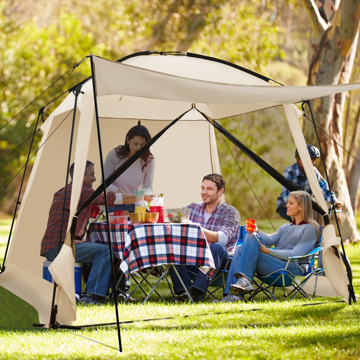 Tente de Camping pour 8-10 Personnes Tente D么me avec Vestibule et Moustiquaire Porte Zippe Tente Portable avec Sac de Transport 300x300x250cm Beige -
