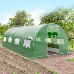 Serre de Jardin Tunnel Cadre en Acier Galvanisé Robuste Serre Tunnel Coupe-vent avec Cerceau 8 Fenêtres Enroulables Vert -