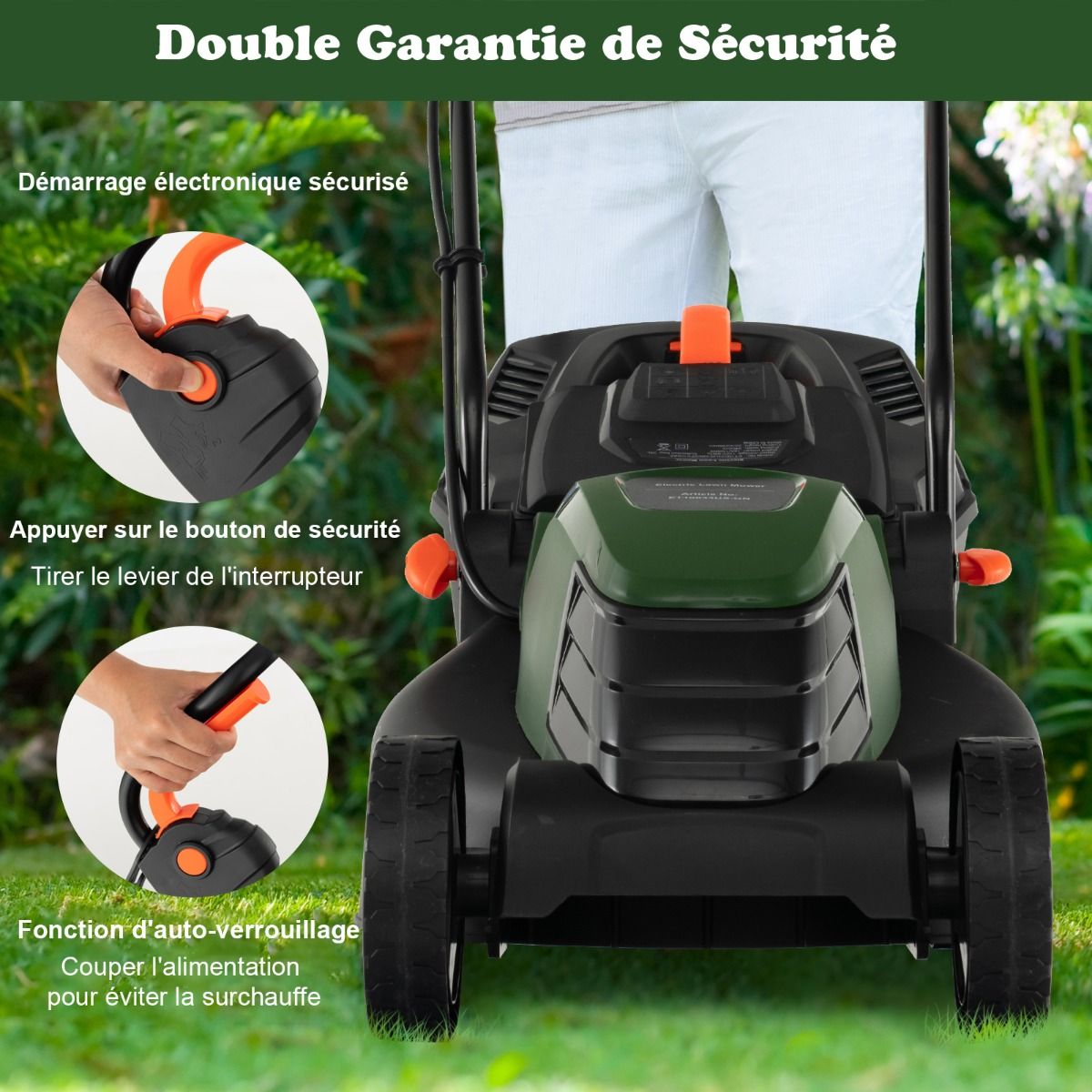 Tondeuse à Gazon Électrique Filaire 1500 W 4015 TR/Min Boîte de Collecte 35 L 3 Hauteur Réglables 25-65 MM Largeur de Coupe 34 CM Vert -