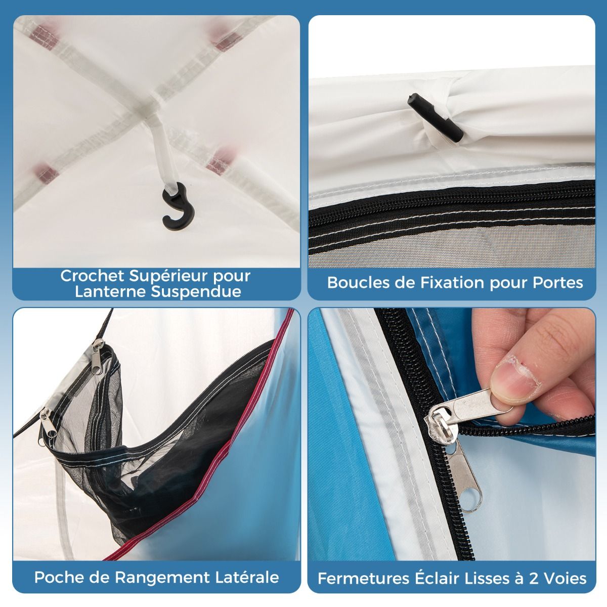 Tente de Camping pour 5 Personnes Tente Dôme Étanche avec Porte et Fenêtres en Maille Sac de Transport 248x248x230cm Bleu + Blanc -
