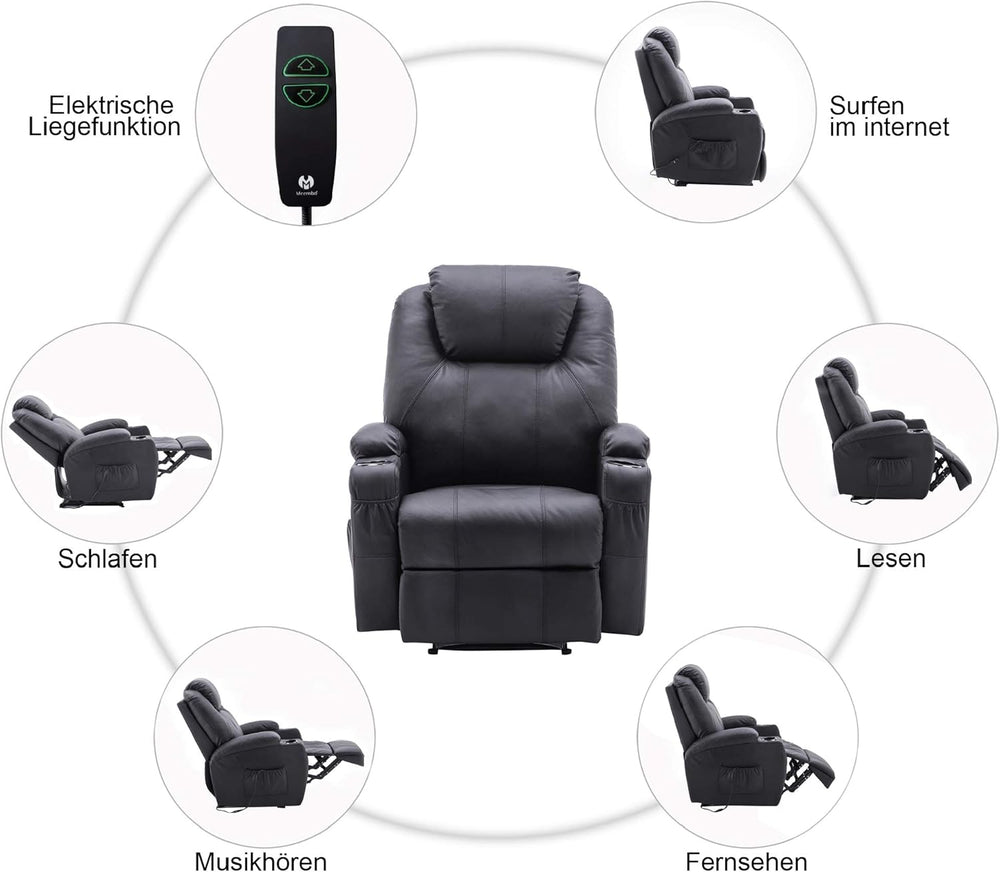 M MCombo Fauteuil Relax électrique Fauteuil de Massage Fauteuil TV Fonction inclinable Vibration Chauffage 7061 Nouveau modèle (Simili Cuir Noir)