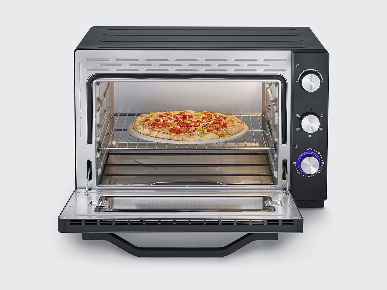 SEVERIN Four posable XXL à Chaleur Tournante 60 L avec pierre à pizza et tournebroche 2 200 W design simple et élégant, Four électrique avec minuteur 120 min, Noir/Inox, TO 2073