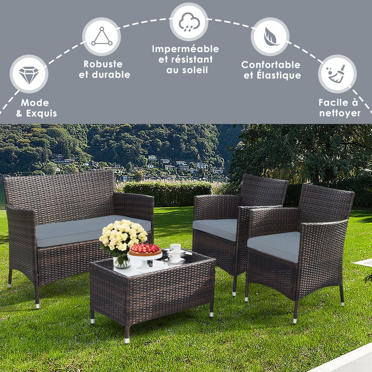 Salon de Jardin 4 PCS Mobilier de Terrasse en Rotin PE pour Véranda Patio Terrasse Piscine Marron et Gris -