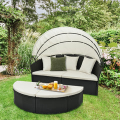 Lit Canap de Jardin Rond en Rotin PE Auvent Rtractable Coussins et Oreillers Amovibles Salon de Jardin Modulable Blanc -