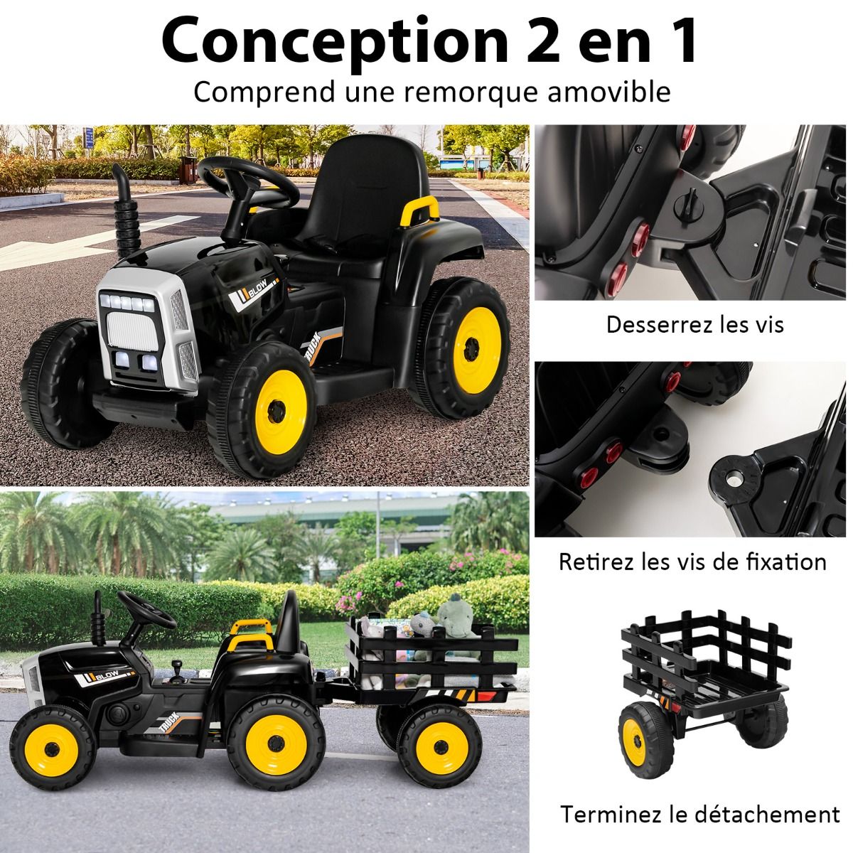 Tracteur Electrique avec Remorque pour Enfants 3 Vitesses Lumires LED Fonctions o USB et Bluetooth Jaune/Rose/Rouge/Vert/Vert Fonc/Noir -