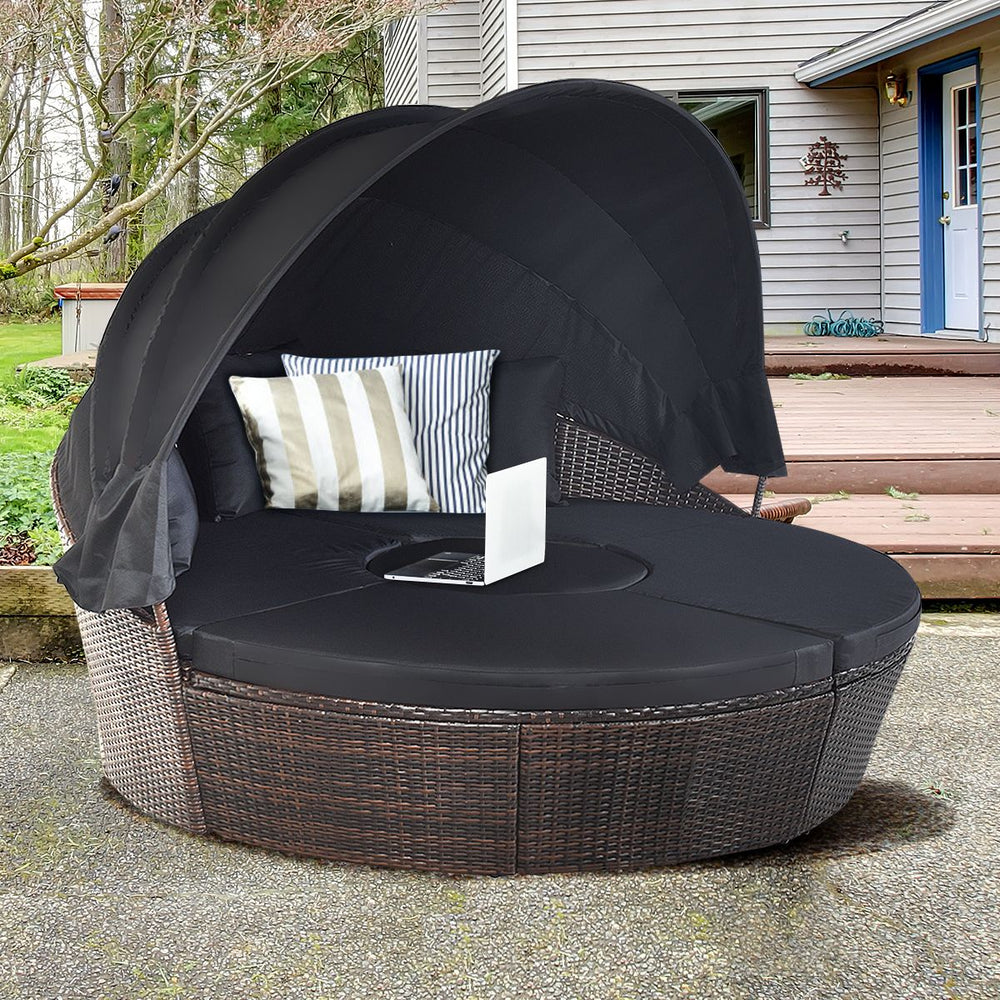 Lit de Jardin Rond d'Exterieur Table Relevable Modulable & Convertible - Pare Soleil Réglable rotin PE Coussins Inclus Noir -