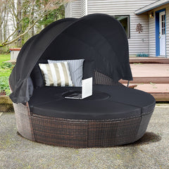 Lit de Jardin Rond d'Exterieur Table Relevable Modulable & Convertible - Pare Soleil Réglable rotin PE Coussins Inclus Noir -