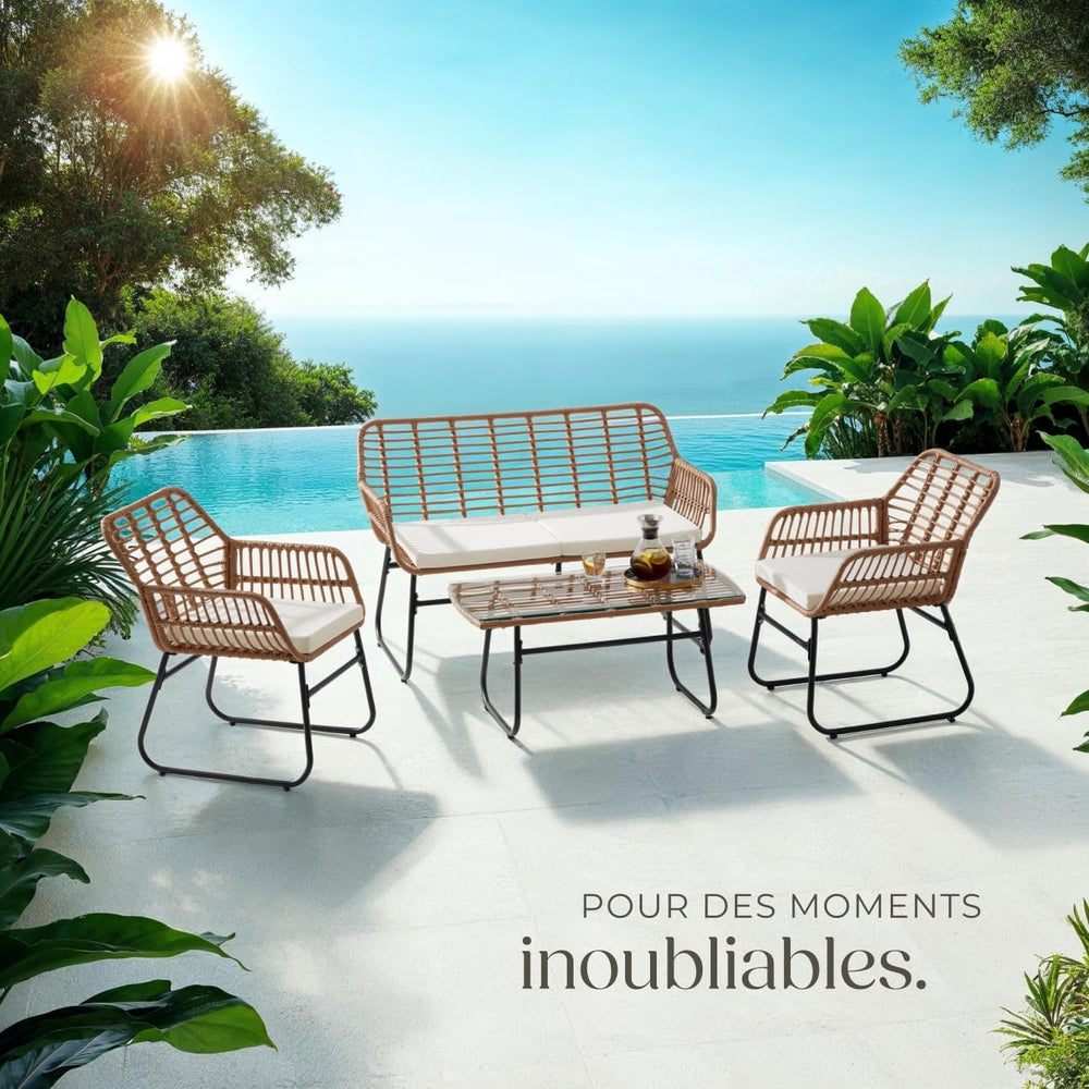 TecTake® Salon de Jardin Extérieur en Poly Rotin 4 Personnes Ensemble Canapé 2 Places 2 Fauteuil Salon et Table de Jardin, Coussins Amovibles Inclus, Amenagement Balcon Terrasse Veranda