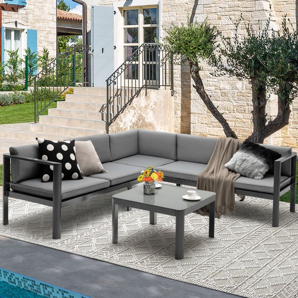 Salon de Jardin Extrieur avec Table Basse en Verre Tremp Canapavec Dossier Inclinable  6 Niveaux Coussins Inclus Gris -