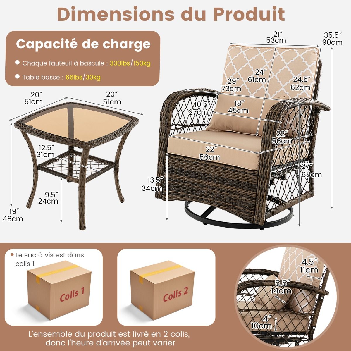 Salon de Jardin Extérieur 3PCS - 2 en Fauteuils à Bascule Pivotant à 360°Rotin PE Cadre Métal our Terrasse Balcon -