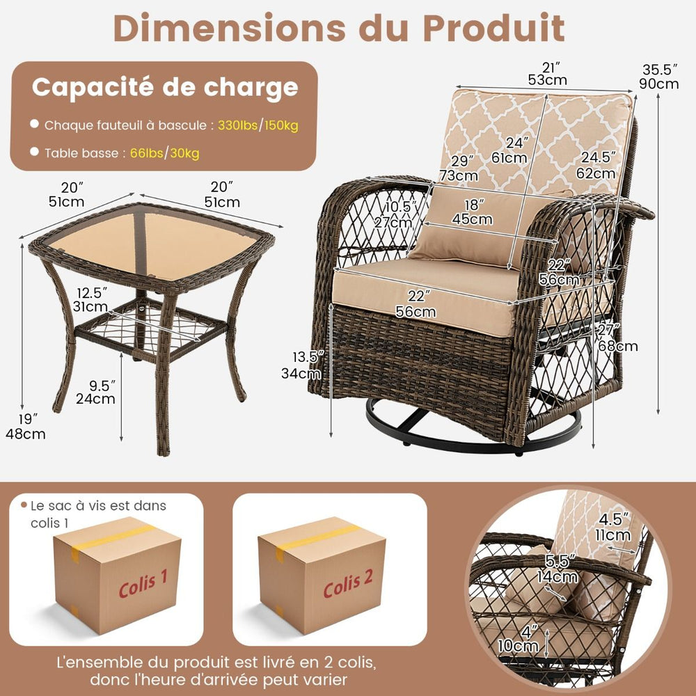 Salon de Jardin Extérieur 3PCS - 2 en Fauteuils à Bascule Pivotant à 360°Rotin PE Cadre Métal our Terrasse Balcon -