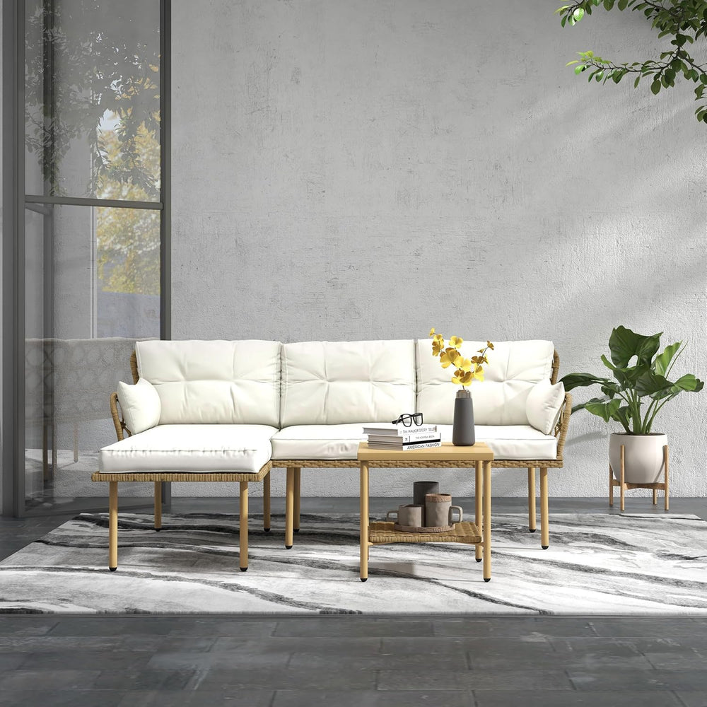 Outsunny Salon de Jardin Exterieur 4 Personnes 3 pièces avec 1 Table Basse Coussins Grand Confort Inclus résine tressée crème