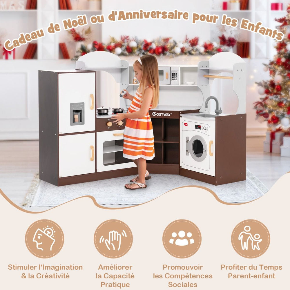 Jeu de Cuisine d'Angle pour Enfants de 3 Ans et Plus en Bois Machine  Glaons Porte-serviettes Accessoires Effets Sonores et Lumineux -