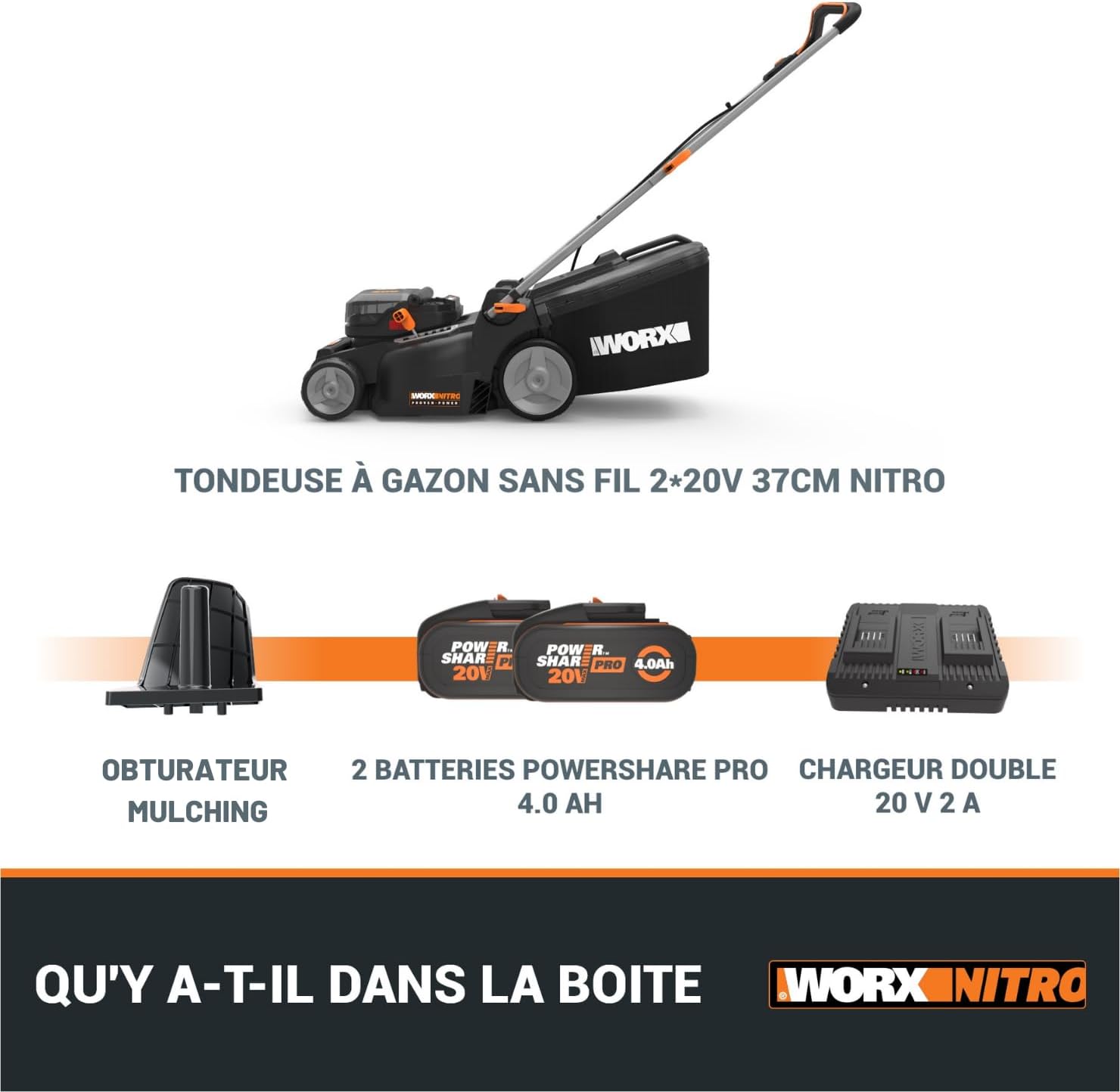 Pack Pro+ Tondeuse à Gazon 40V 460m² + Coupe-Bordures 20V + 2 Batteries 4Ah et 1 Batterie 2Ah + Chargeur Double et Chargeur Simple (Idéal pour l'Entretien du Jardin)