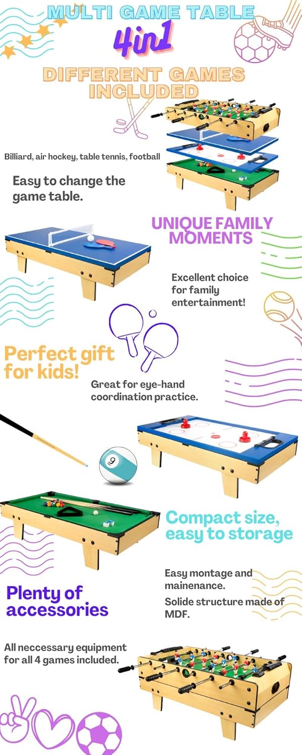Leomark Table de Babyfoot 4 in 1 Multifonctionnel Jeu de Football,Bilard, Tenis, Hockey Baby-Foot, Baby Foot Table En Bois Jeu de Football Petite Taille Universel