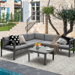 Salon de Jardin Extérieur avec Table Basse en Verre Trempé Canapéavec Dossier Inclinable à 6 Niveaux Coussins Inclus Gris -