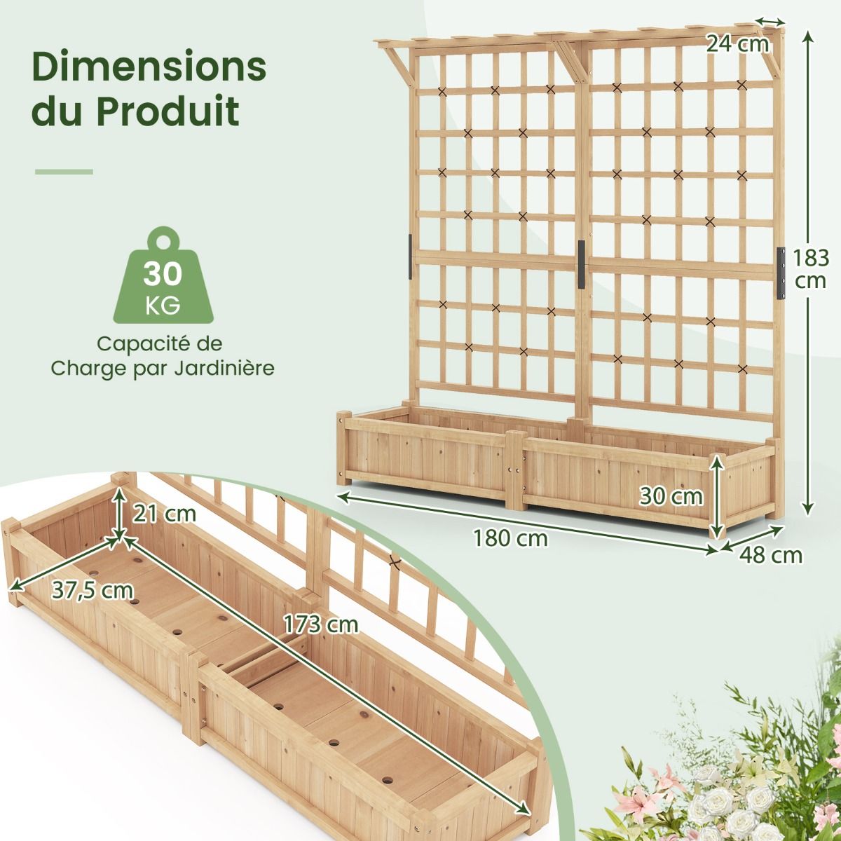 Jardinire avec 2 Treillis 2 Bacs Toit Suspendu en Bois Lit de Jardin Surlev avec 4 Trous de Drainage 180 x 48 x 183 cm Orange -