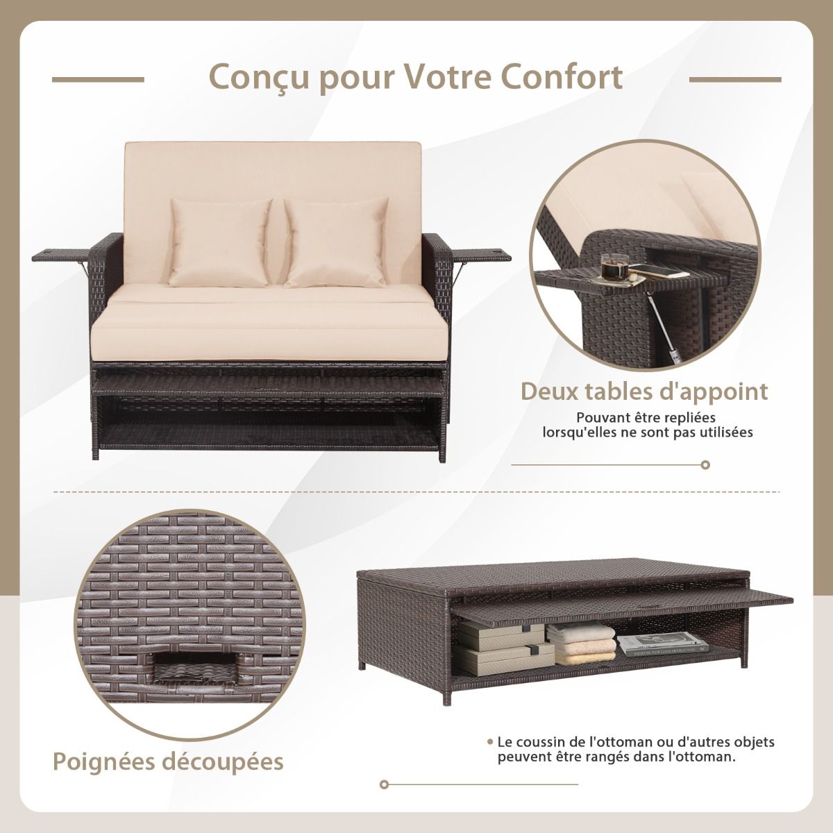 Salon de Jardin Extérieur Ajustable à Lit,2 Place avec Stockage Caché,Dossier Réglable à 4 Niveaux en Rotin PE -
