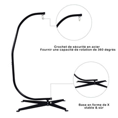 Support de hamac ou pour chaise suspendue Capacit 150 KG,en Fer de Haute Qualit,Moderne et stable,112x79x205,Noir -