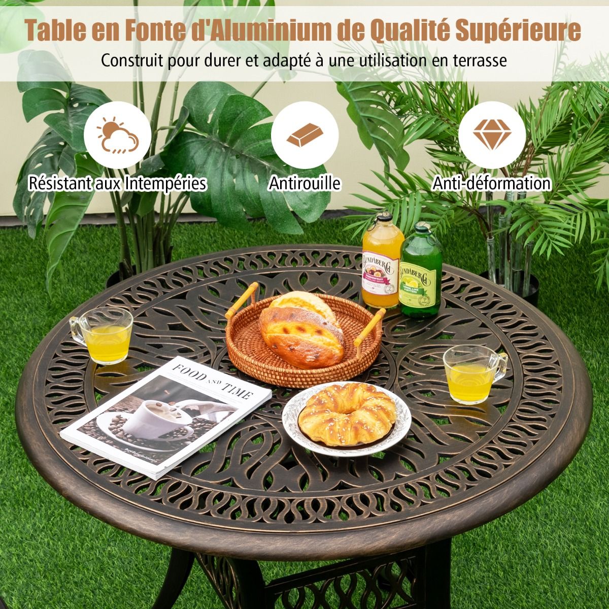 Table Jardin Ronde en Aluminium coulé 90x90x74CM avec Trou pour Parasol 5CM Table Extérieure avec Pied Réglable Antidérapant -