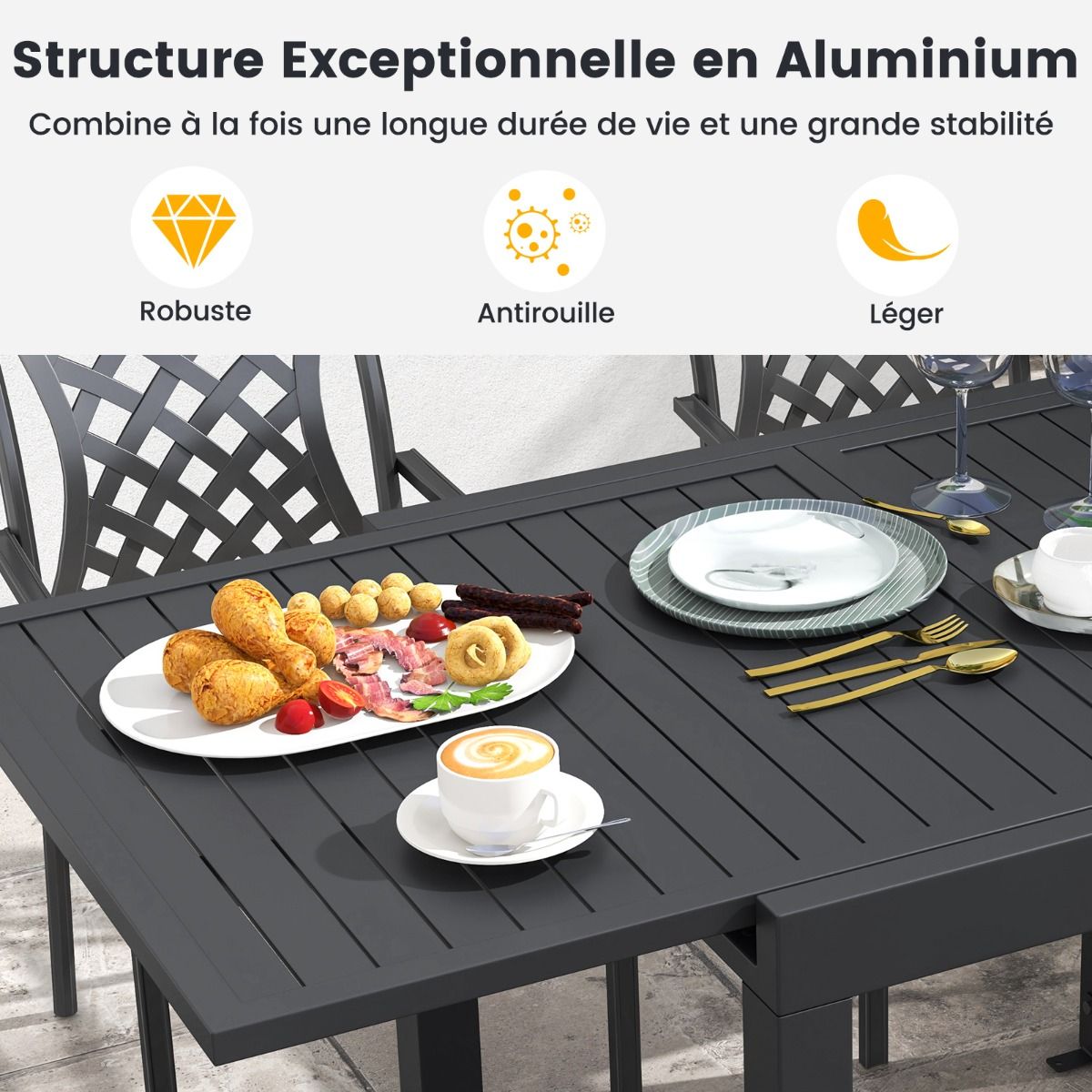 Table de Jardin Extensible en Aluminium Ajustable de 80  160 CM Table  Manger Extrieure Plateau  Lattes pour 4-6 Personnes Gris Fonc -