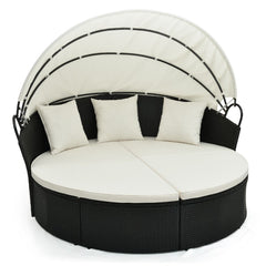 Lit Canap de Jardin Rond en Rotin PE Auvent Rtractable Coussins et Oreillers Amovibles Salon de Jardin Modulable Blanc -