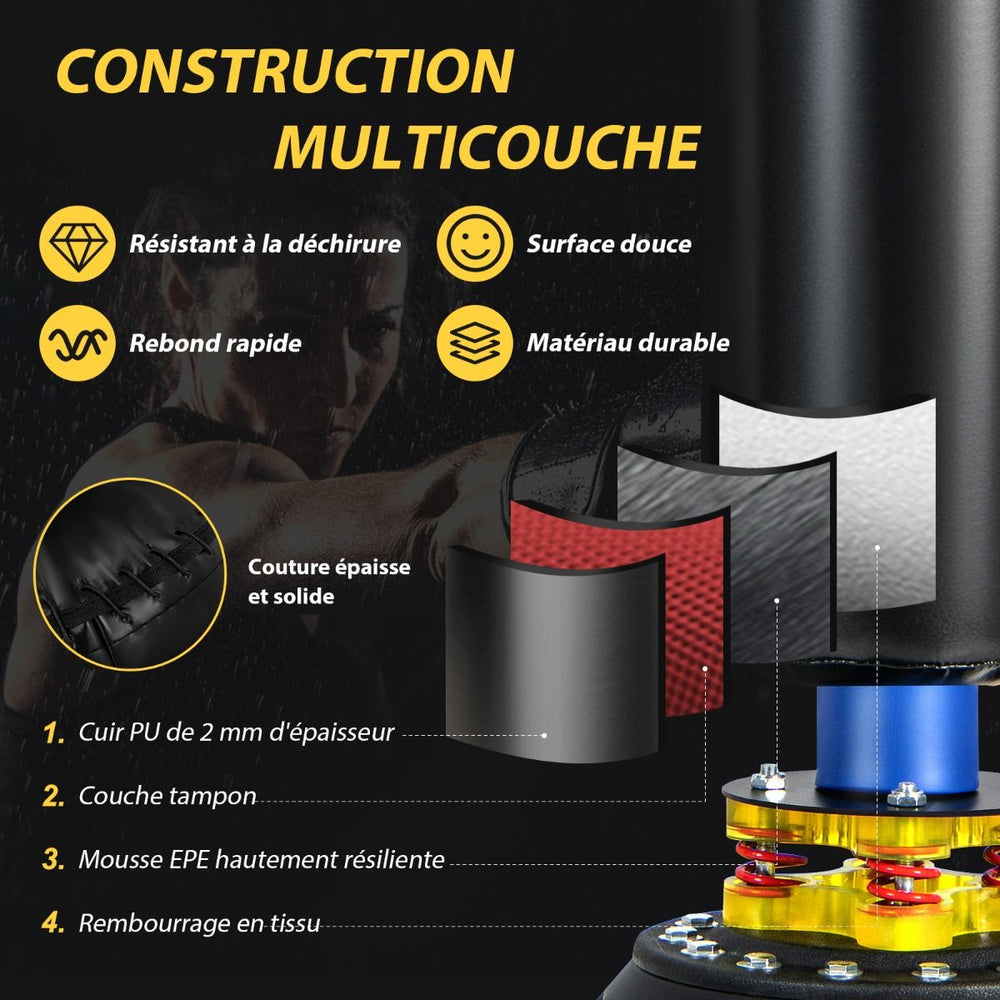 Sac de Frappe sur Pied Entraîneur de Vitesse en Boxe Barre Pivotante à 360° Punching Ball Hauteur Réglable 168-201cm pour MMA Adolescents & Adultes -