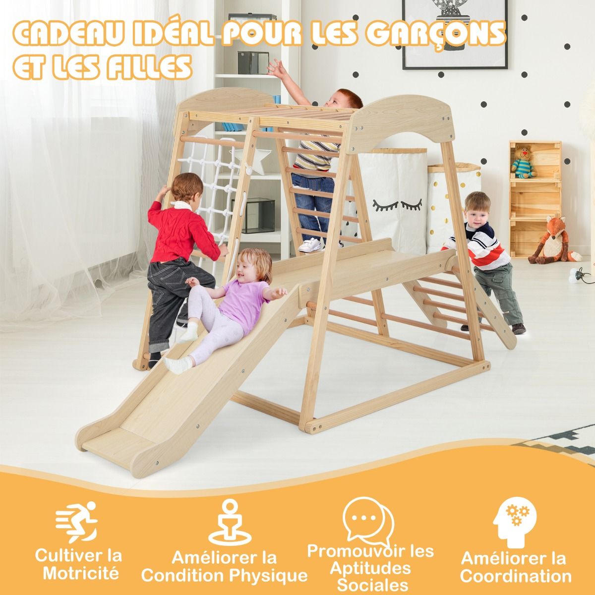 Triangle d'Escalade 6 en 1 en Bois avec Toboggan et Filet Barre pour Grimper Ramper et Glisser 1 An+ Coloré/Naturel -