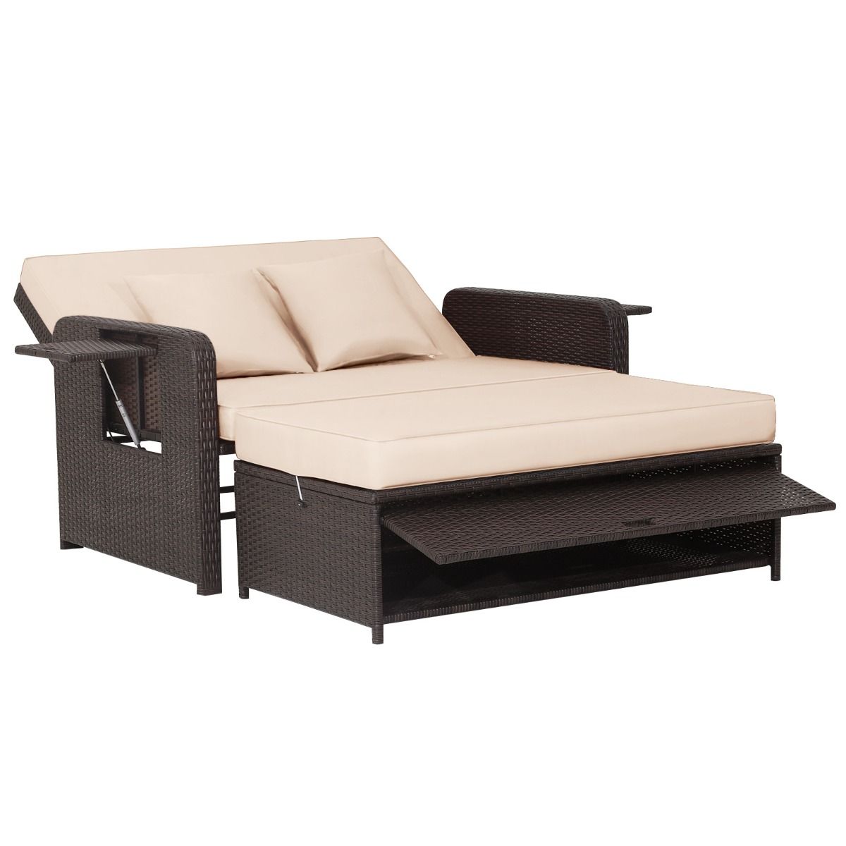 Salon de Jardin Extrieur Ajustable  Lit,2 Place avec Stockage Cach,Dossier Rglable  4 Niveaux en Rotin PE -