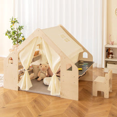 Tente de Jeu d'Intérieur en Bois pour Enfants 6 en 1 Tableau Noir Table Chaise 6 Bacs de Rangement Coussin de Sol Maison de Jeu pour 2-6 ans Beige -