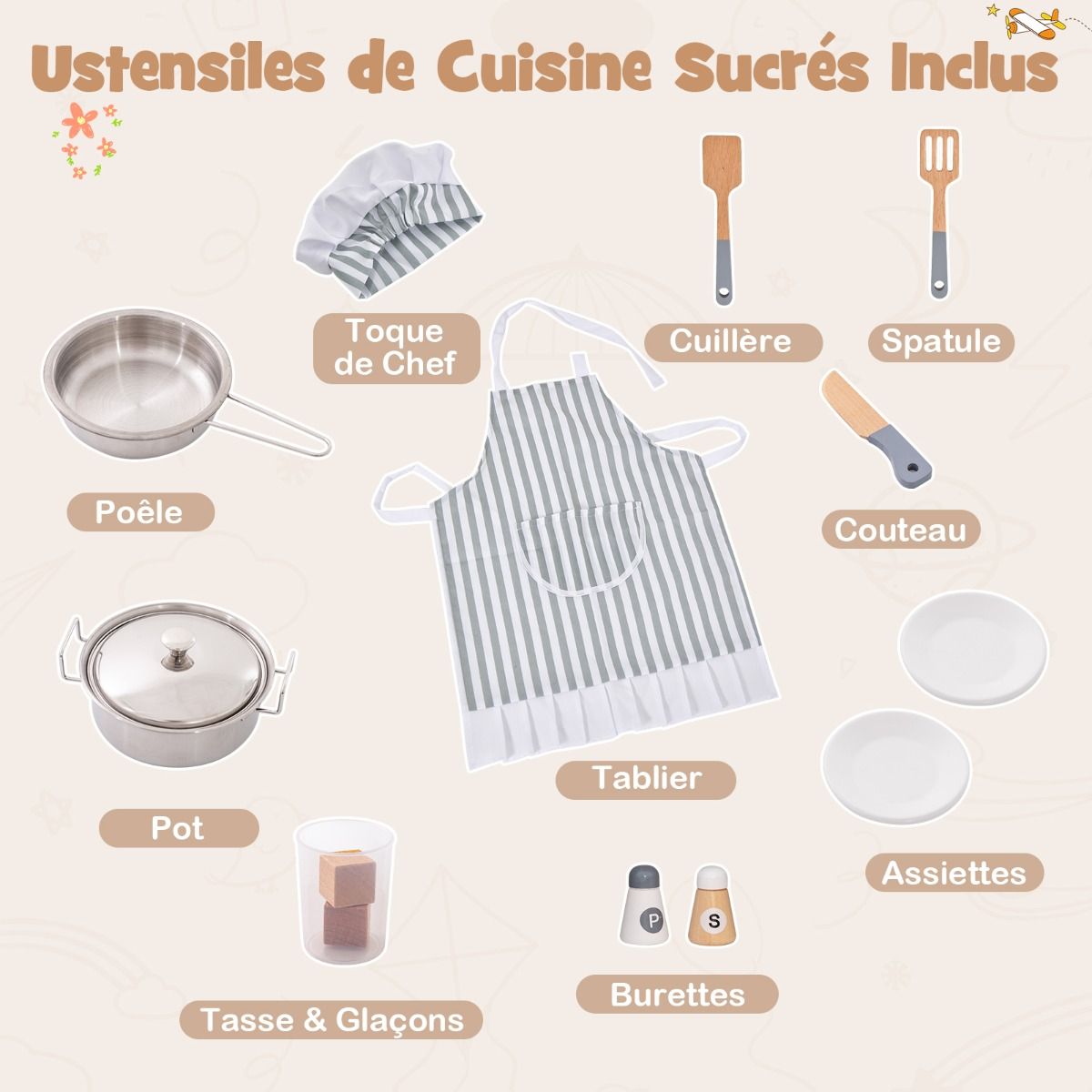 Jeu de Cuisine d'Angle pour Enfants de 3 Ans et Plus en Bois Machine à Glaçons Porte-serviettes Accessoires Effets Sonores et Lumineux -