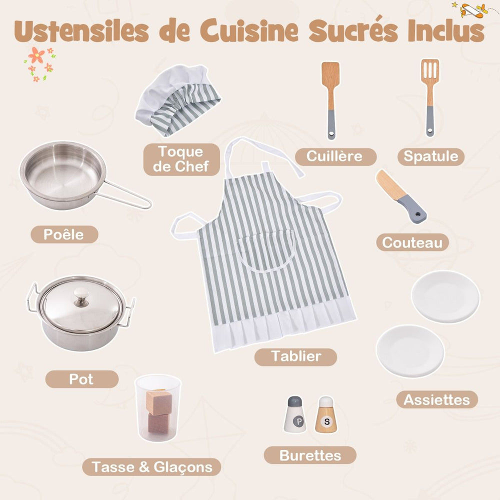 Jeu de Cuisine d'Angle pour Enfants de 3 Ans et Plus en Bois Machine à Glaçons Porte-serviettes Accessoires Effets Sonores et Lumineux -