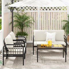 Meubles de Patio 4 Pices en Rotin Charge 180-360KG avec Chaises Causeuse Coussins et Table Basse en Verre Tremp pour Balcon Blanc -