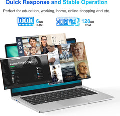 Ordinateur Portable 14 1" Pouces laptop 6 Go de RAM 128 Go de SSD N4000 Celeron Dual-Core Wi-Fi Bluetooth 2 4/5 0G 1366 * 768 IPS Design sans Ventilateur Inclus une Souris Clavier à Membrane.