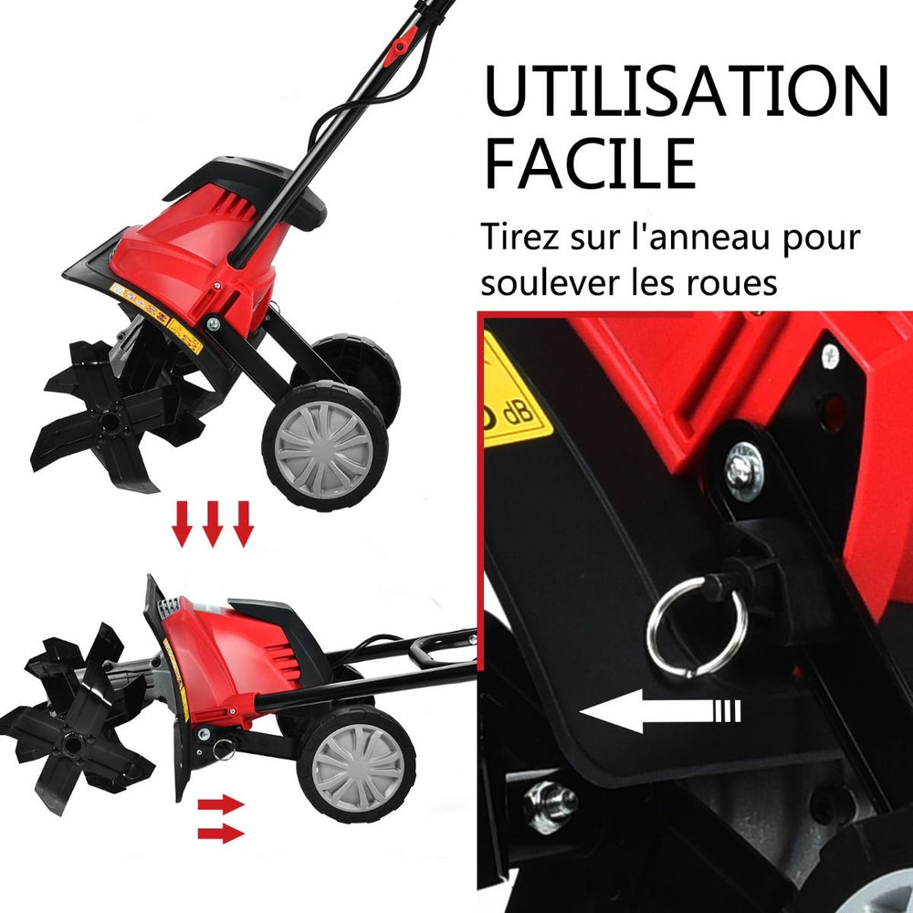 Motobineuse Motoculteur Électrique 1200W Profondeur Travail 22CM Largeur 35CM avec Poignée Pliable Roues Réglables 4 Lames -