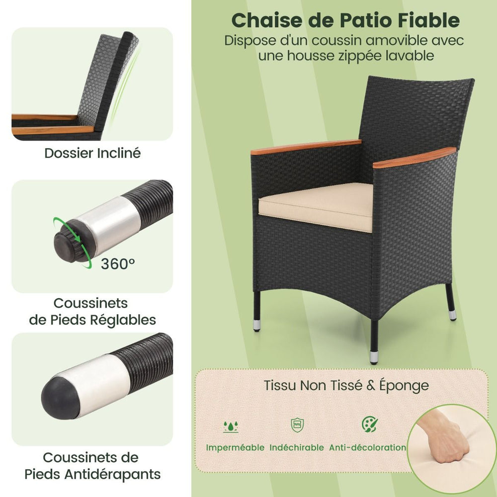 Salon de Jardin en Rotin 9 Pièces Plateau de Table en Acacia Ensemble de Salle à Manger avec Coussins Amovibles Trou Charge 180KG Beige+Noir -