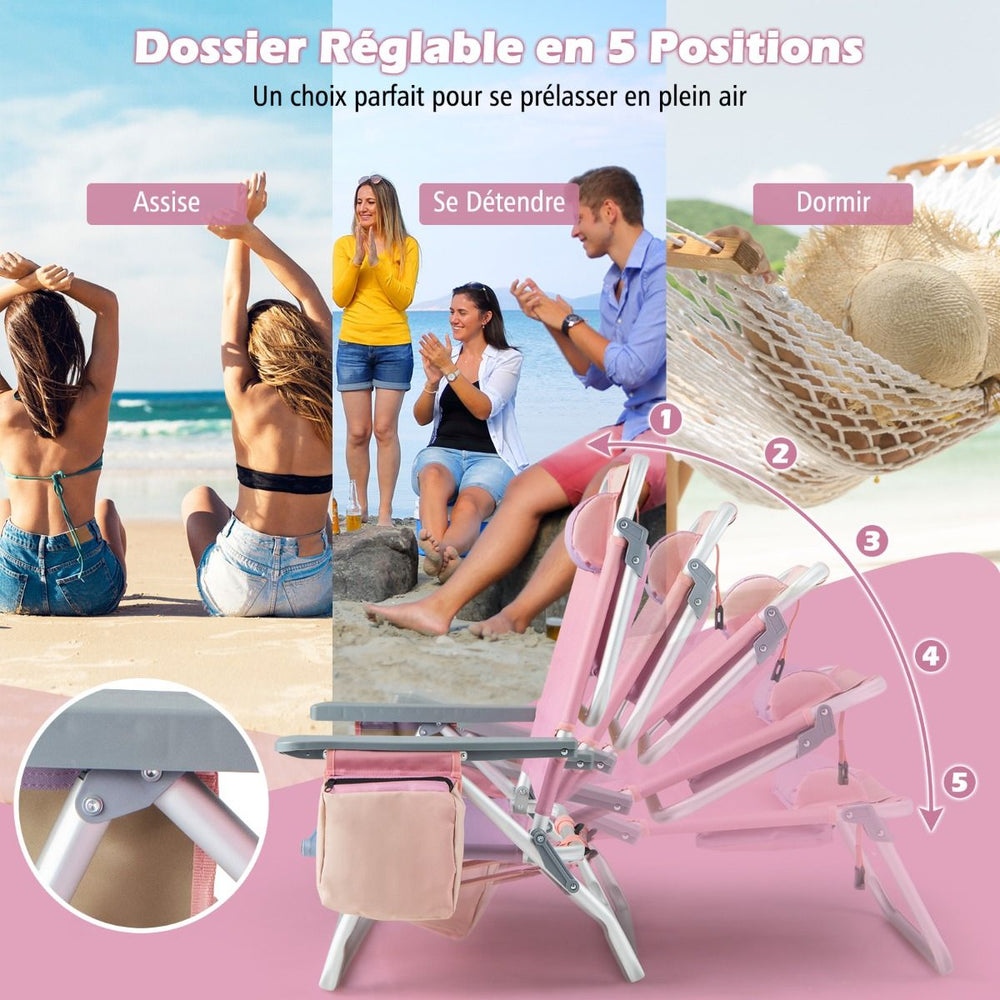 Lot de 2 Chaises de Camping Plage Pliante Table Enroulable en Aluminium Appui-tête Dossier Réglable à 5 Positions 6 Couleurs au Choix -
